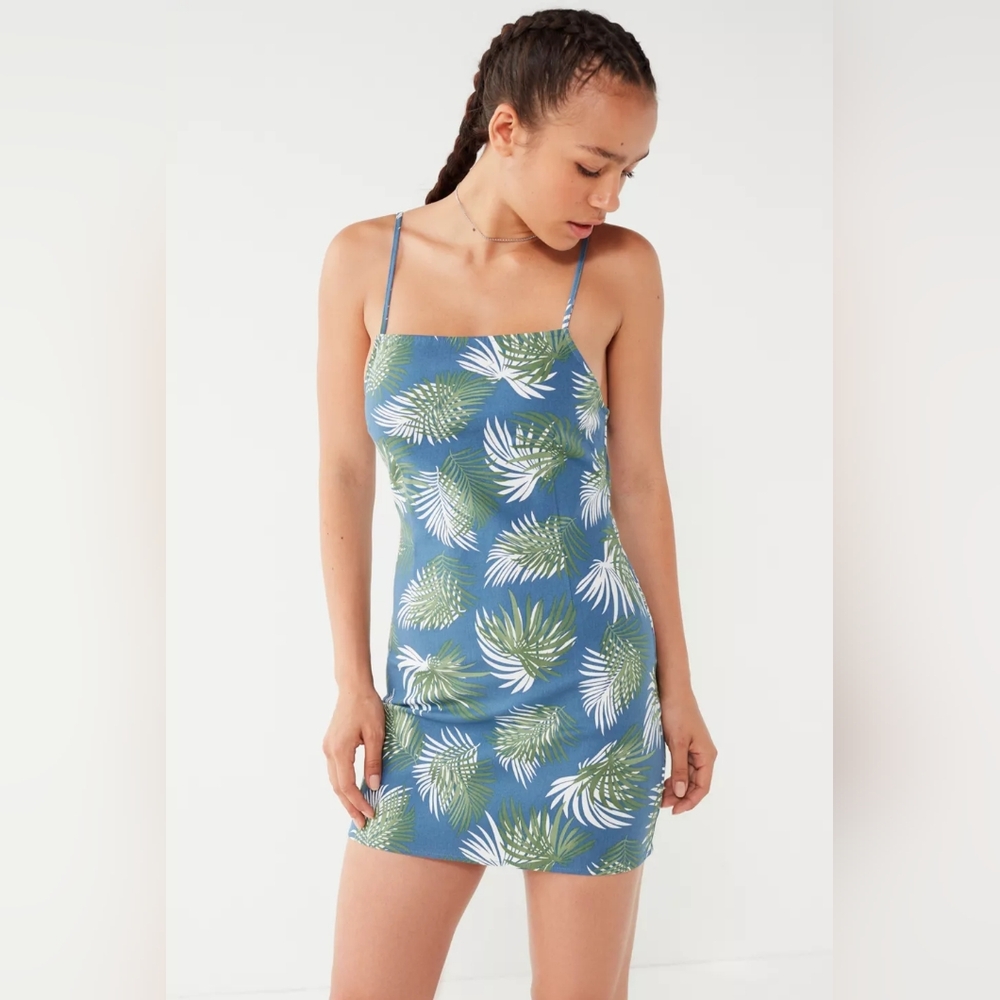 Blue and Green Leaf Print Dress